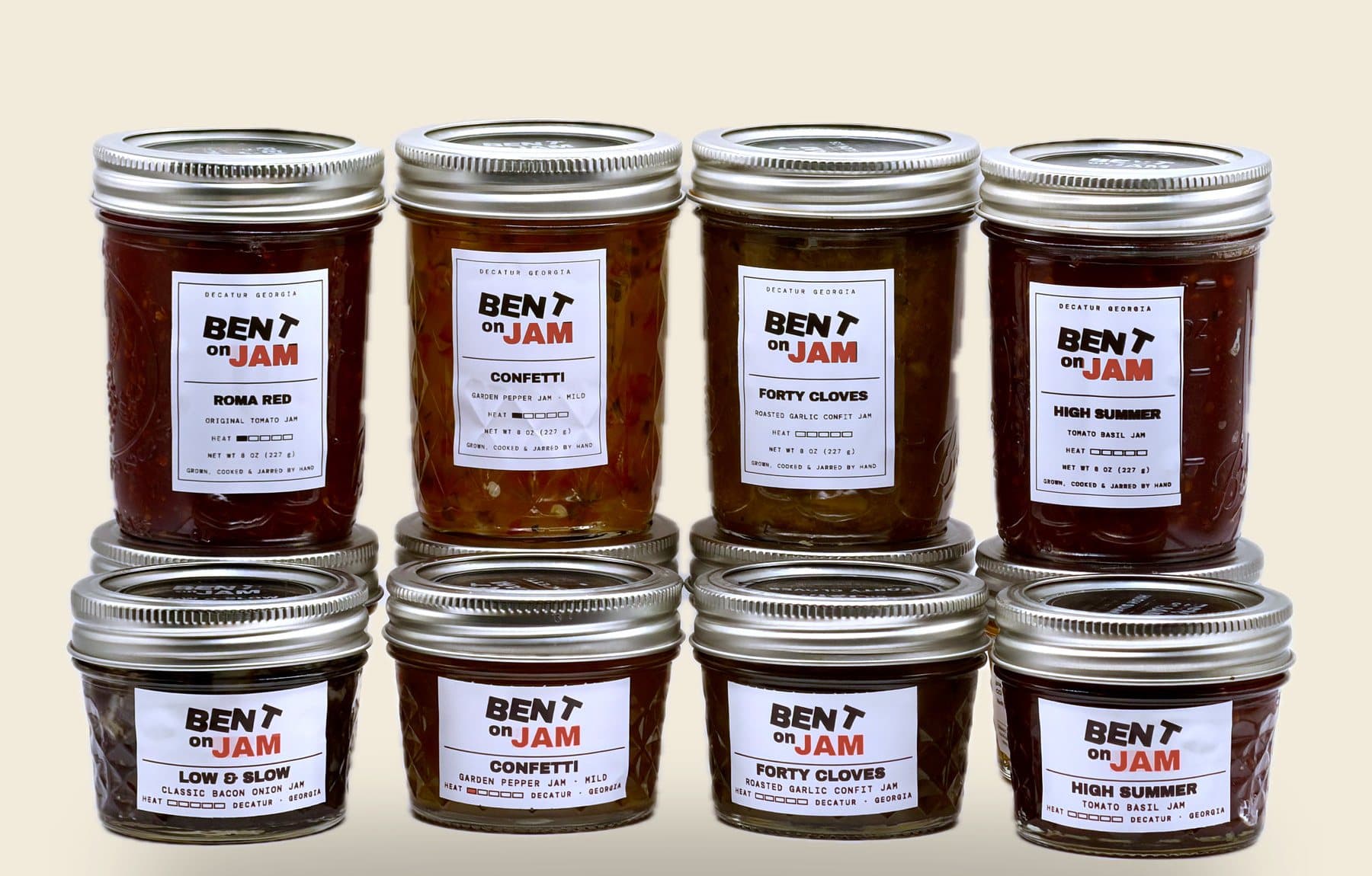 The Bent on Jam range — eight jars, 8 oz behind and 4 oz in front
