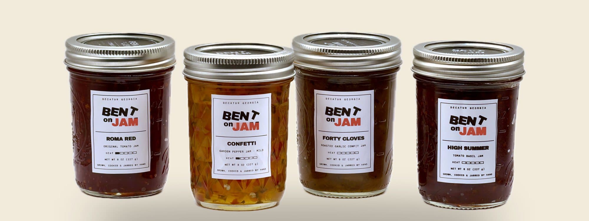 Roma Red, Confetti, Forty Cloves and High Summer in 8 oz jars